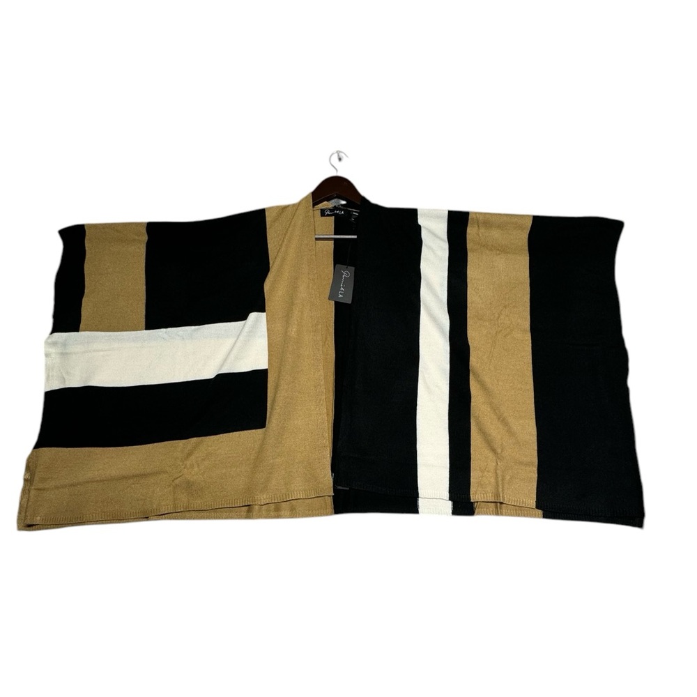 Parrish LA Stevie Poncho Wrap Black Camel Tan White Stripe OS Colorblock Winter - Picture 4 of 10